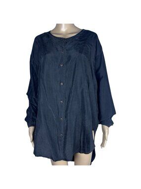 Paul et Duffier 100% Silk Blouse Button Shirt M Black Top High Low Asymmetrical